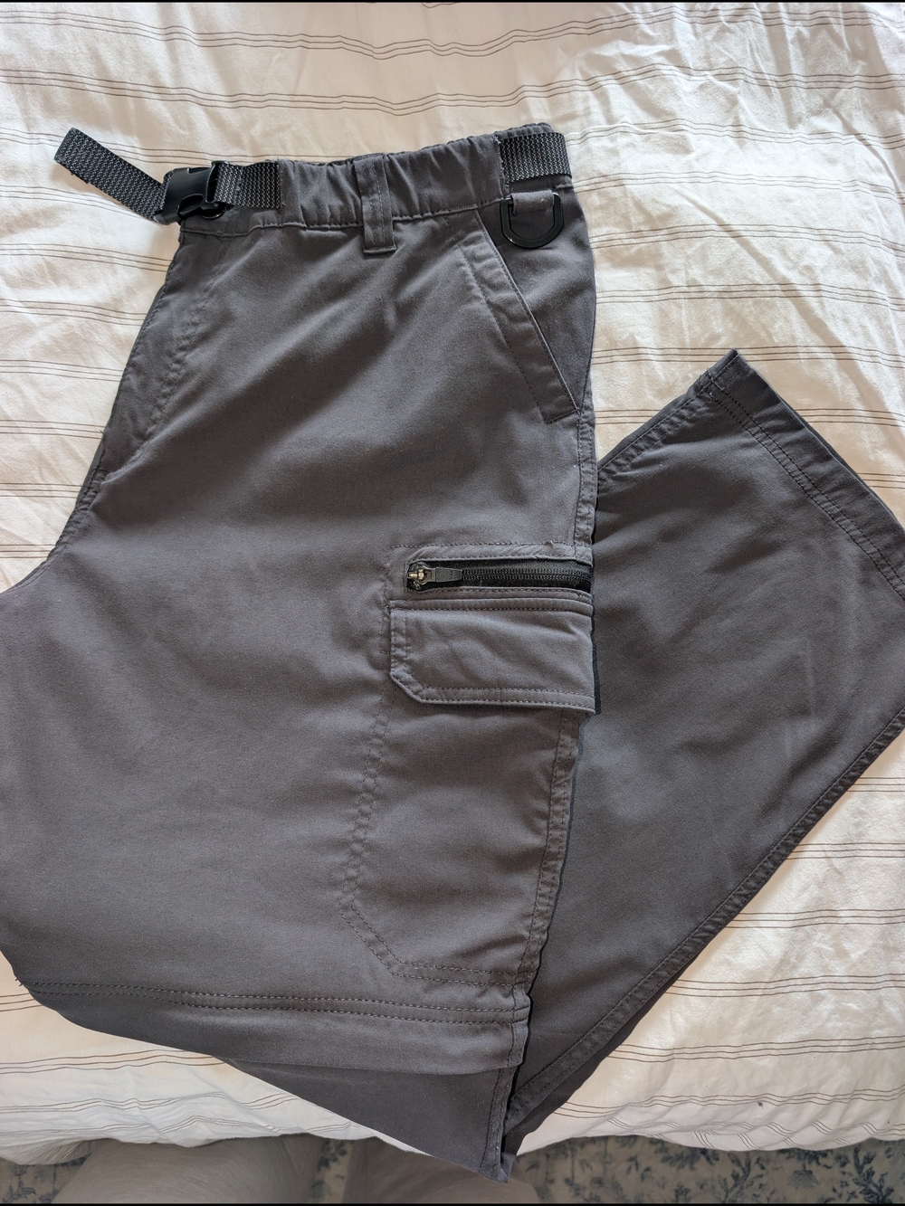 Men's Gray Cargo Pants with Integrated Belt and Zipper Pocket